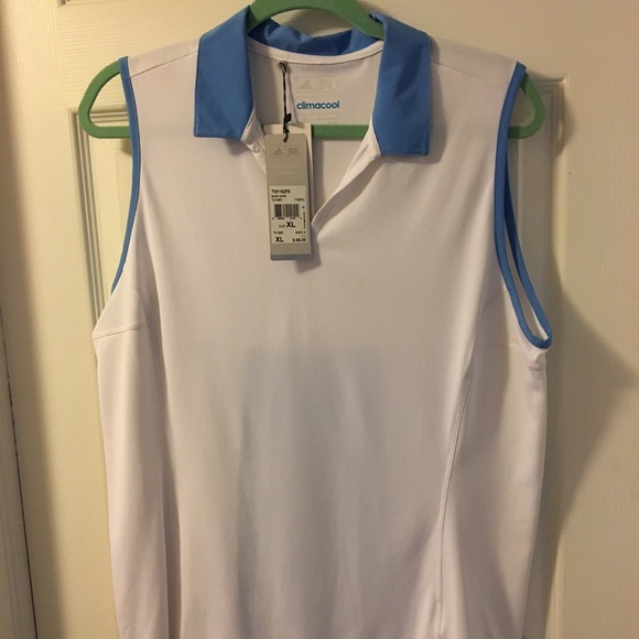 ADIDAS NWT AUTHENTIC CLIMACOOL WHITE & BLUE TRIM SLEEVELESS GOLF PLEATED BLOUSE - Picture 4 of 16